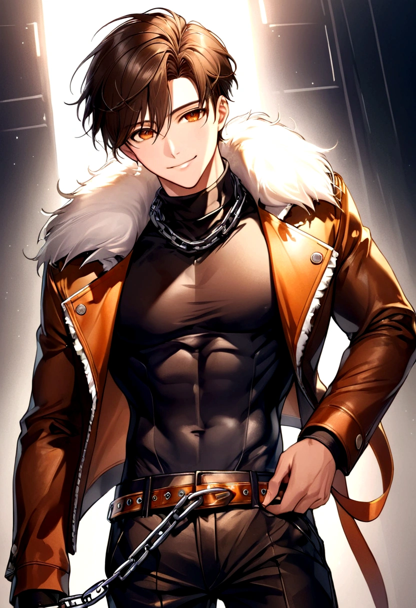 ((masterpiece, best quality)),(illustration),(detailedlight),((anextremelydelicateandbeautiful)),a leather brown jacket with fur collar, black shirt , dark grey pants with chained belts and shoes, smiling, black anime short length hair, handsome

He's a asian male that stands at 6'1"ft, 180lbs.

Has a atheltic build with some of muscle, 6 pack abs, dark brown hair, orange eyes, faded haircut, has large hair bangs going down the right side of his face

