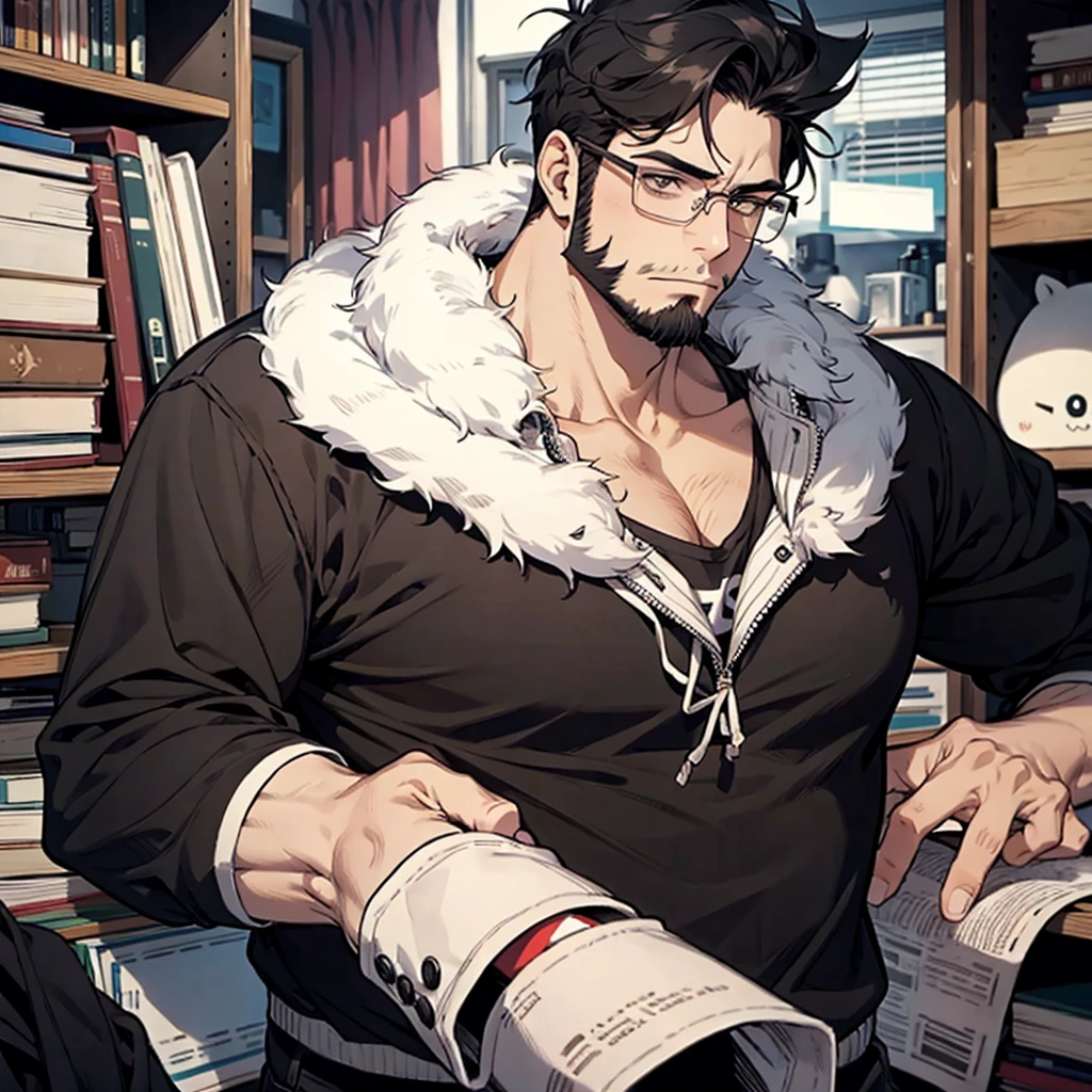 1 male, fat, tall, facial hair, glasses, depressed, messy room, black hair, big soft arms, nerd, ugly