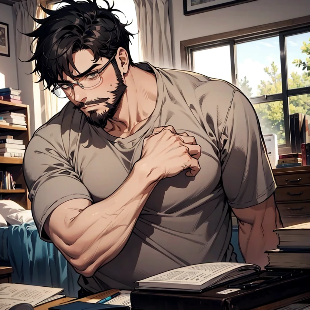 1 male, fat, tall, facial hair, glasses, depressed, messy room, black hair, big soft arms, nerd, ugly