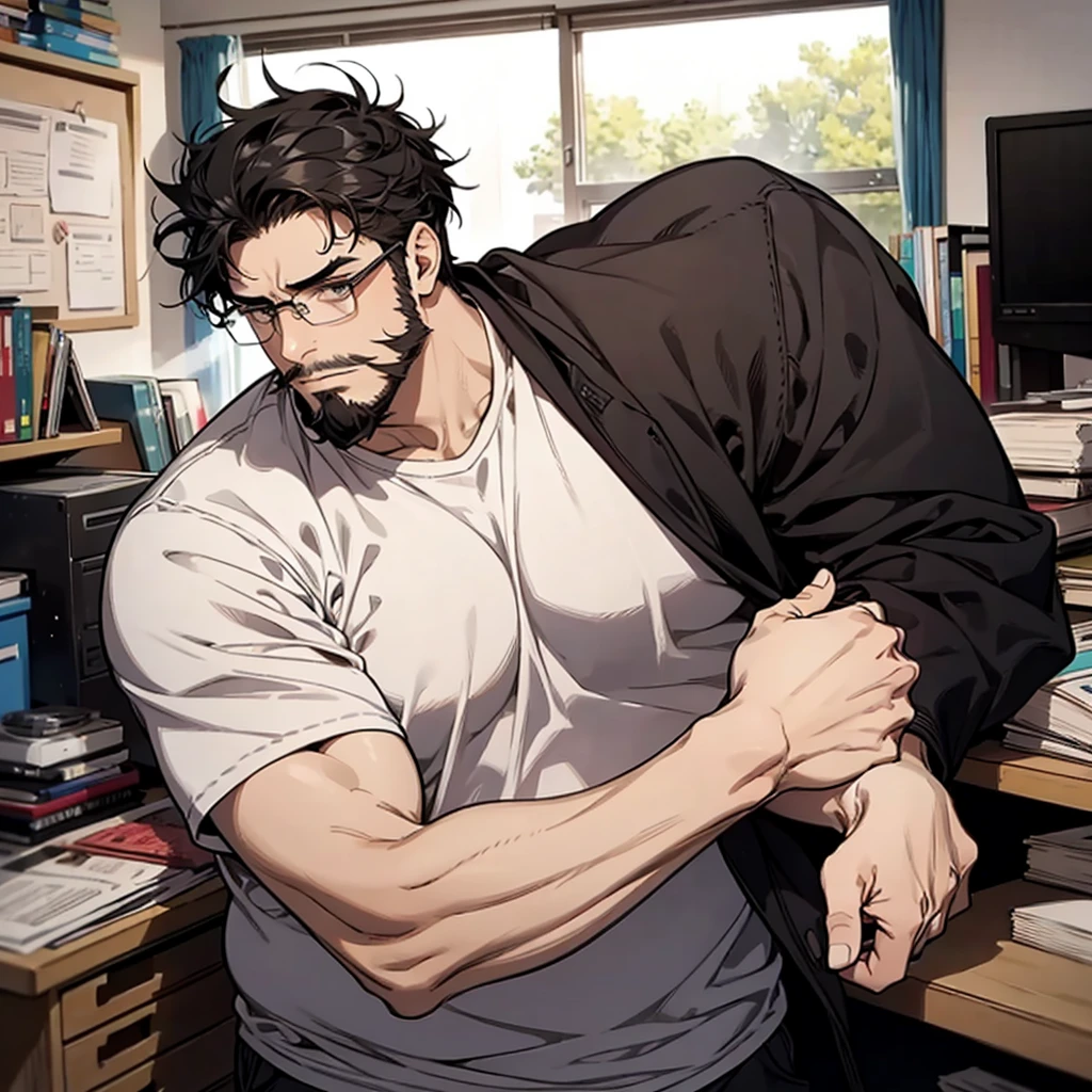  1 male, fat, tall, facial hair, glasses, depressed, messy room, black hair, big soft arms, nerd, ugly