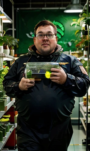 Photography Varied view, dynamic photography, He is wearing prescription glasses with clear red lenses,(((He is very chubby and is in the laboratory doing research with plants and vegetables with other Astronauts))), Inside the spacecraft. Walking in the laboratory, full body photo full body photo. He is holding a holographic LED tablet. In front of you there is a hologram of an LED plant.