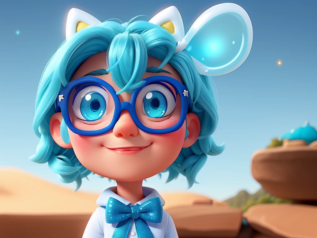 Make a cute blue 4-eyed Alien with glasses, a white bow on the head, has glitter and looks like you are taking a selfie