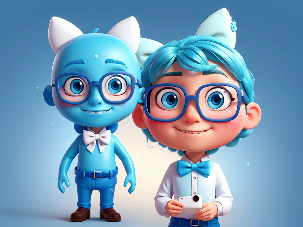 Make a cute blue 4-eyed Alien with glasses, a white bow on the head, has glitter and looks like you are taking a selfie