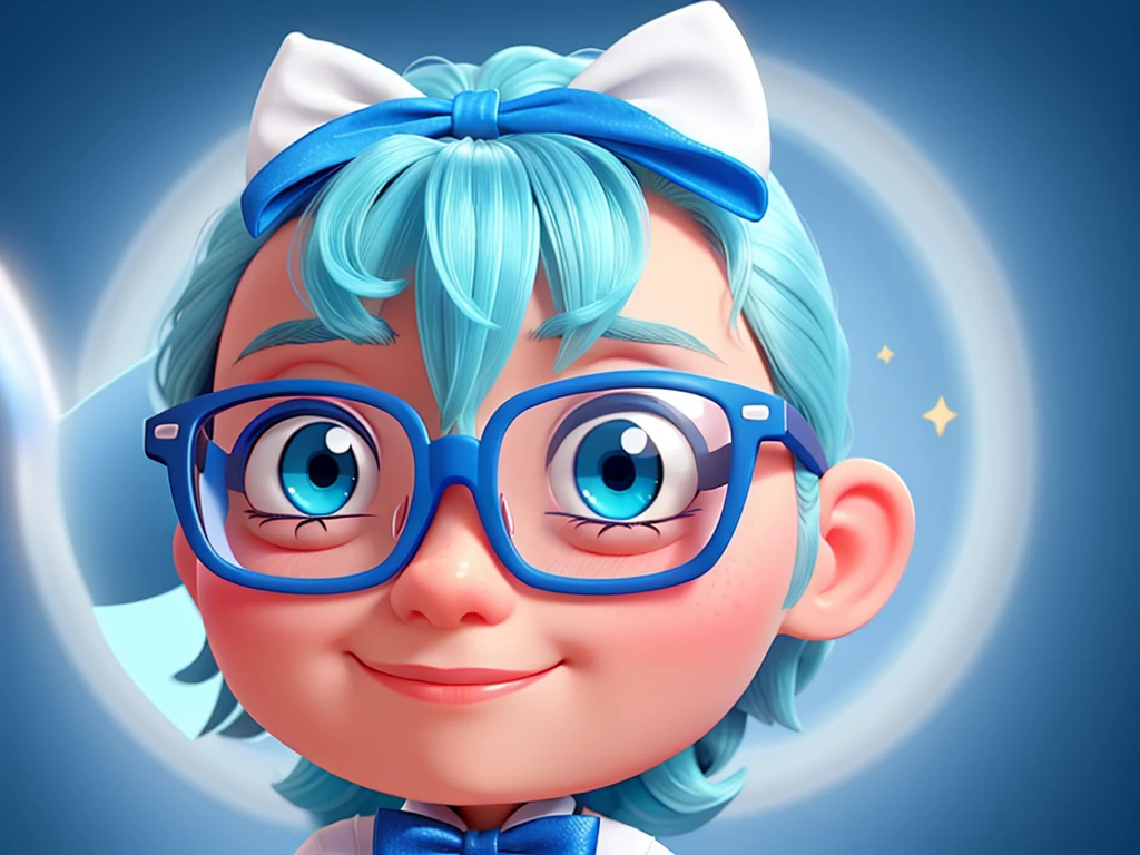 Make a cute blue 4-eyed Alien with glasses, a white bow on the head, has glitter and looks like you are taking a selfie