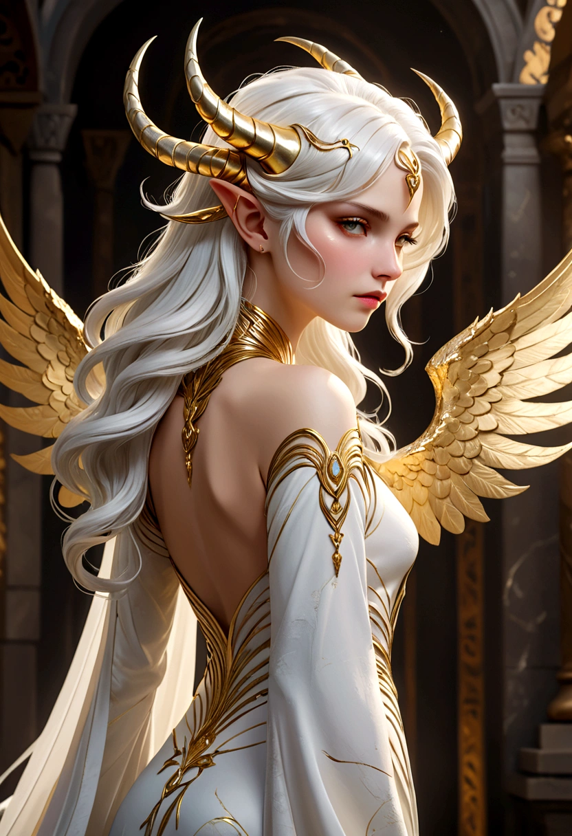 A stunning close-up of an exquisitely crafted fantasy character, featuring marble-like skin with gold cracks and striking, large, spiraled horns adorned with gold. The character possesses an intricate, delicate appearance, with ethereal, white hair flowing gently down their back. Their posture is graceful, turned away and gazing thoughtfully downward. The wings, a captivating blend of textures, are prominently displayed, adding to the mystical and awe-inspiring atmosphere of the scene., photo, cinematic