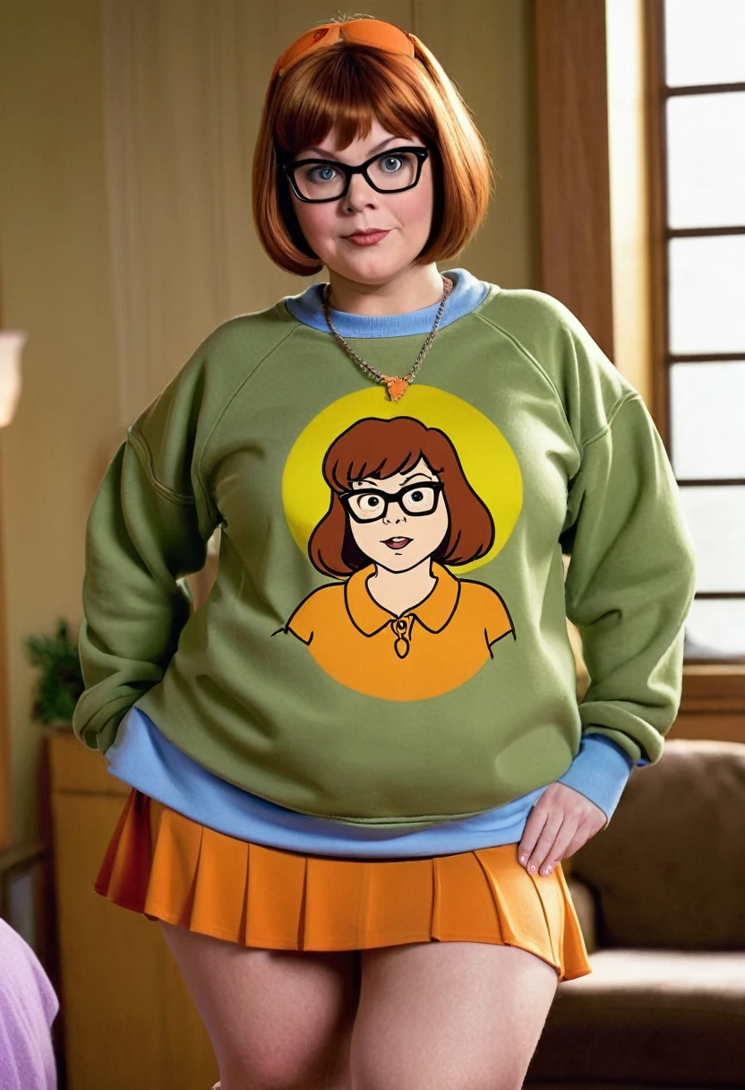 Velma from scooby doo with nude pussy, very chubby,,very short skirt that reveals pussy, brown hair, sweatshirt with cleavage, vagina