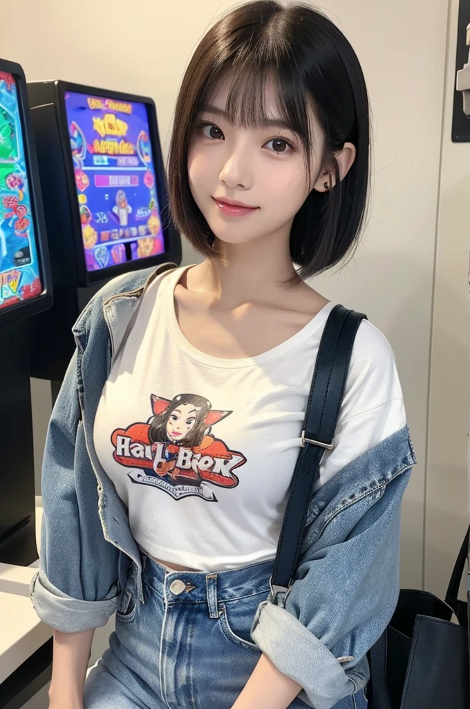 Game center, professional gamer, ((full body)), ((photo)), ((best qualtiy, 8K, tmasterpiece: 1.3)), Focus: 1.2, perfect figure beautiful girl: 1.4, 1girl, cowboy shot, look at viewer, eyes facing the camera, incredibly absurd, beautiful and cute girl with a photorealistic face, showcasing top-quality craftsmanship, A Japanese girl playing games at an arcade, 17 years old, with a bob cut, silky black hair, bangs cut at an angle to reveal her right eye, large eyes, a soft smile, tanned skin, thin and well-formed eyebrows, straight nose with a rounded tip, thin lips but a healthy, natural pink colour, small ears with pierced ears, a slender neck with a sharp jawline, a small face with well-formed facial features, fair, fine, translucent skin, long eyelashes that make the eye makeup stand out, eyes that are powerful but also kind, Well-aligned, white teeth, healthy, shiny skin and hair, friendly expression, , slender, well-balanced proportions, good posture, beautiful C-cup breasts, white character T-shirt, blue denim jacket, yellow shorts, white sneakers, silver earrings, tote bag with game character illustration printed on it, beautiful girl, moe, devilish type, sociable and easy to talk to, values ​​teamwork, curious and adventurous, has a sense of humor, July