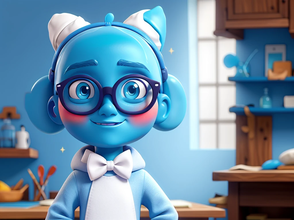 Make a cute blue 4-eyed Alien with glasses, a white bow on the head, has glitter and looks like you are taking a selfie