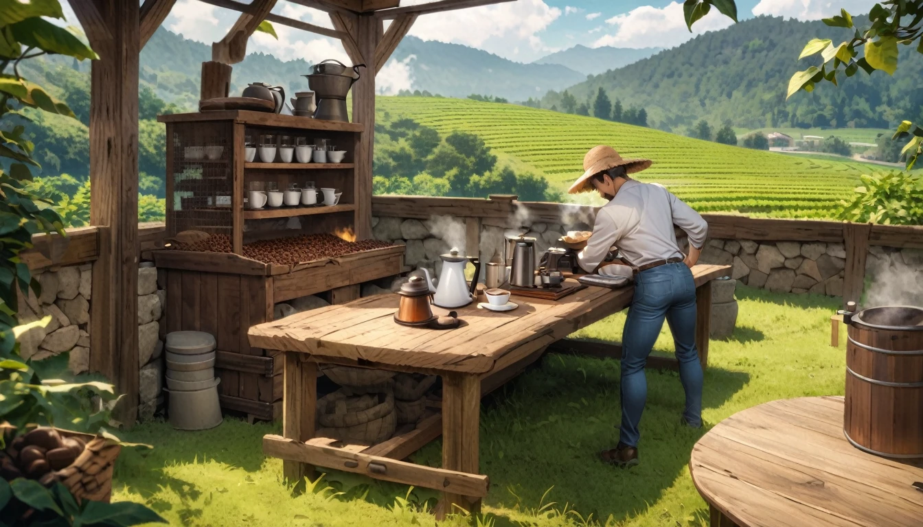 Create an image for a coffee advertising campaign with the following scenario: A green field with coffee plantations. In the center of the image, a robust and determined man, wearing practical work clothes (jeans, long-sleeved shirt and straw hat), harvests coffee beans with an air of pride and satisfaction. Next to him is a rustic table with a steaming cup of coffee, an antique coffee maker. Many colors in the scenery, highlighting the beauty of the countryside and the man's dedication to his work.
