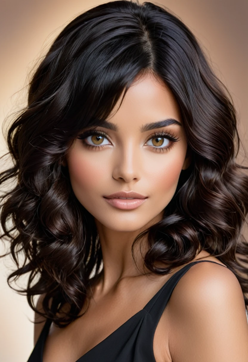 Woman shoulder length wavy black hair , eyes browns, brunette skin