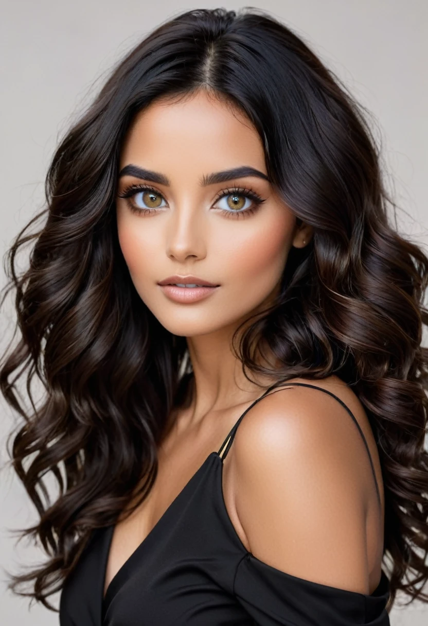 Woman shoulder length wavy black hair , eyes browns, brunette skin 