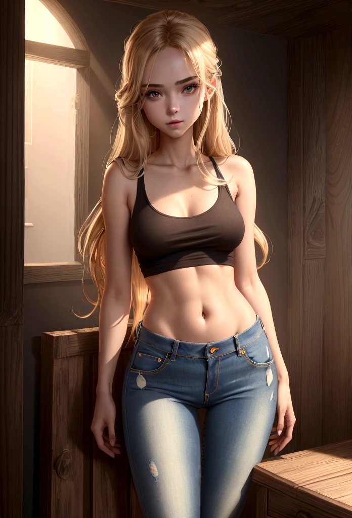 masterpiece, best quality, (extremely detailed CG unity 8k wallpaper), (best quality), (best illustration), (best shadow), absurdres, realistic lighting, (Abyss), beautiful detailed glow, full body shot, age girl, body, skinny, loose very low waist jeans, tank top, seductive pose, smooth skin, cute face, model, very long hair, blond, cute tank top, loose jeans, low waist jeans, seductive, slender, small breasts, (high detailed textures)

