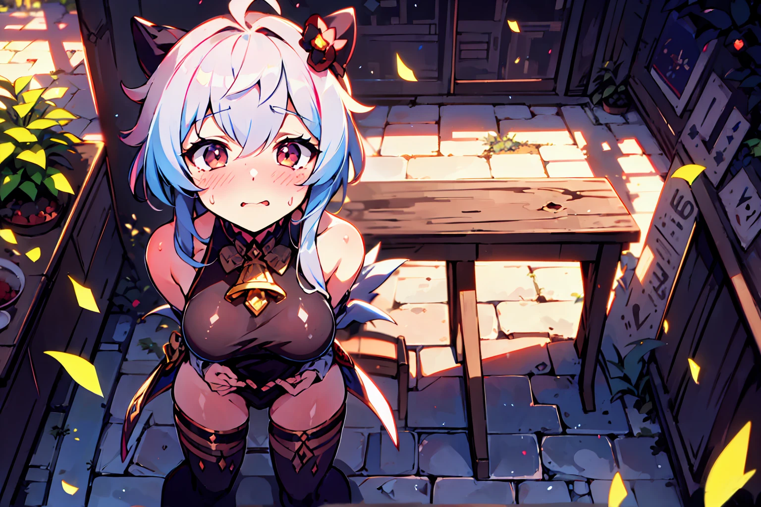Pieces fly, Highest quality, Anime Images, Anime style etc.., Hired \(Genshin Impact\), Sit at the table, View from above, cheeks are bright red,超Embarrassing, dislike,The face of patience,1 Girl, Twin Horn, Ticker,Fits your body type, I can see the , blush, Colorful pastel fantasy,Sexy e,Highly detailed background,High quality scenery,Embarrassing,blushing face,Standing in front of an audience,Sweaty,Crouching pose,Holding in pee,Hold your crotch with your hands