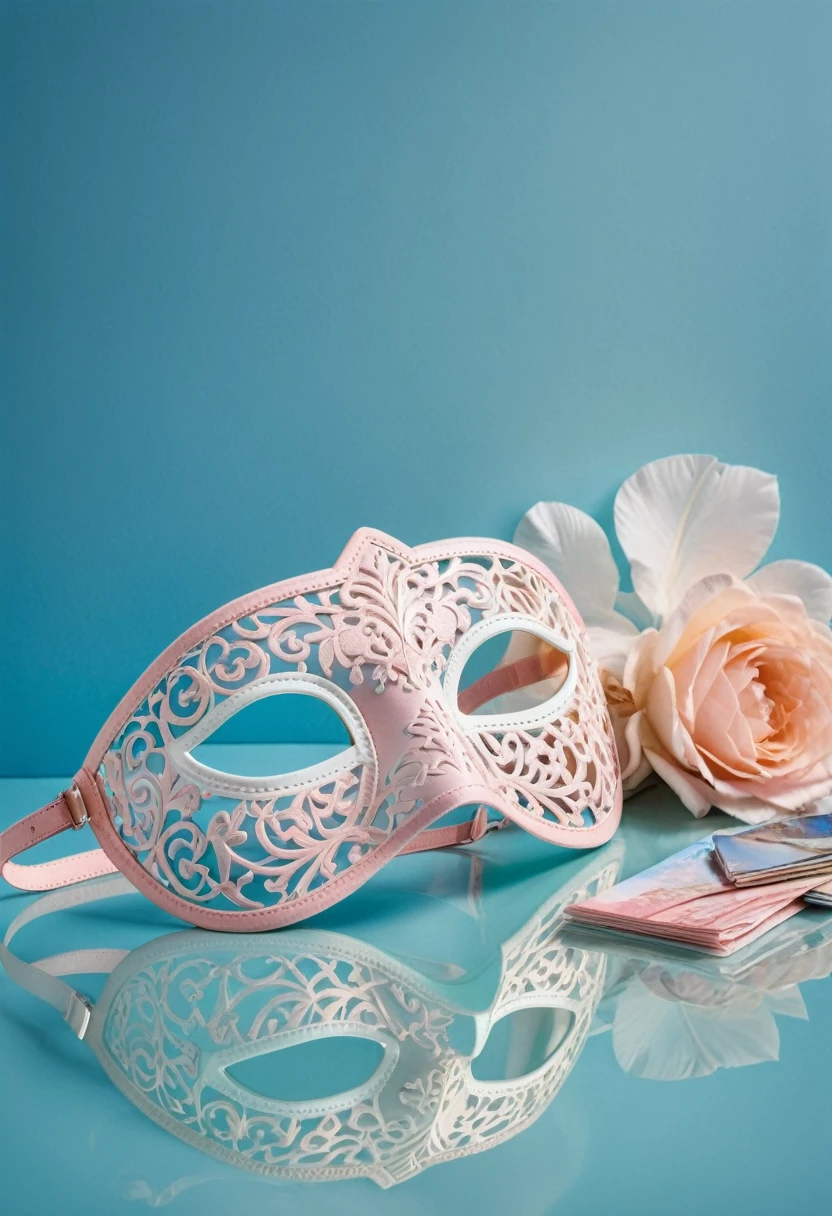 a woman's travel accessories, travel mask on a blue background, detailed photography, high quality, professional, intricate details, elegant, fashion, luxury, still life, reflection, soft lighting, pastel colors, 8k, ultra-detailed, masterpiece, photorealistic