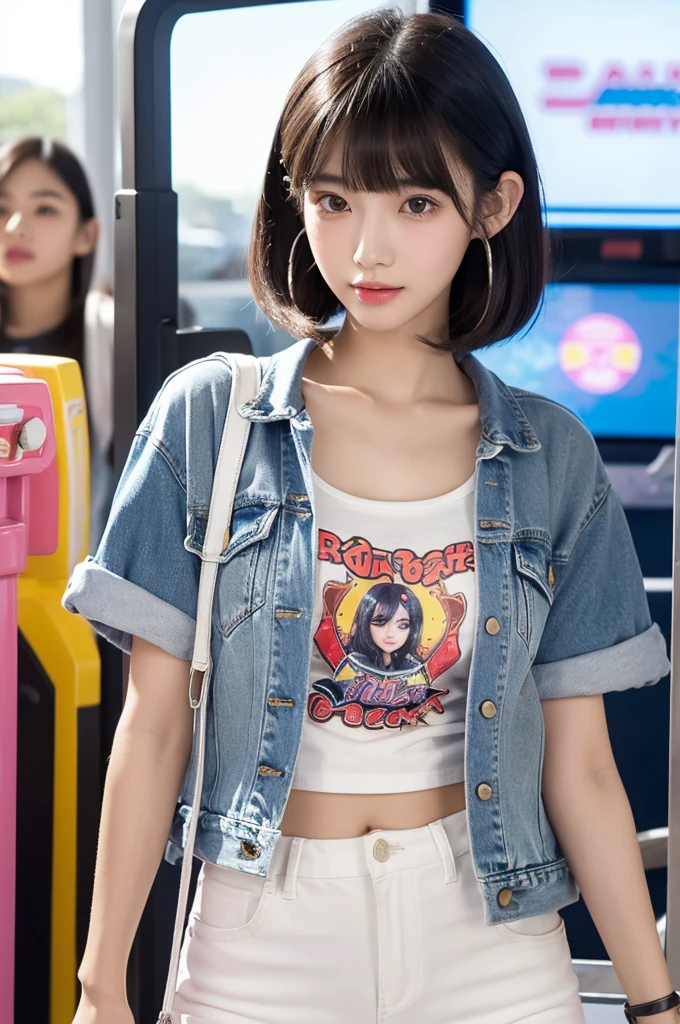 Game center, professional gamer, ((full body)), ((photo)), ((best qualtiy, 8K, tmasterpiece: 1.3)), Focus: 1.2, perfect figure beautiful girl: 1.4, 1girl, cowboy shot, look at viewer, eyes facing the camera, incredibly absurd, beautiful and cute girl with a photorealistic face, showcasing top-quality craftsmanship, A Japanese girl playing games at an arcade, , with a bob cut, silky black hair, bangs cut at an angle to reveal her right eye, large eyes, a soft smile, tanned skin, thin and well-formed eyebrows, straight nose with a rounded tip, thin lips but a healthy, natural pink colour, small ears with pierced ears, a slender neck with a sharp jawline, a small face with well-formed facial features, fair, fine, translucent skin, long eyelashes that make the eye makeup stand out, eyes that are powerful but also kind, Well-aligned, white teeth, healthy, shiny skin and hair, friendly expression, , slender, well-balanced proportions, good posture, beautiful C-cup breasts, white character T-shirt, blue denim jacket, yellow shorts, white sneakers, silver earrings, tote bag with game character illustration printed on it, beautiful girl, moe, devilish type, sociable and easy to talk to, values teamwork, curious and adventurous, has a sense of humor, July