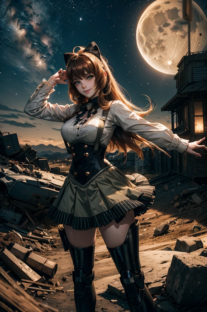cowboy shot, (dynamic pose), smile,  underbust, Penny Polendina, long hair, neck ribbon, suspender skirt, corset, black bow, white blouse, mechanical legs, neon trim, standing with people in city ruins on hill, overlooking valley, BREAK night, stars, moon, snow, BREAK mountains in background, waterfall, vehicle wreck, , (people in military uniform), bonfires, post-apocalypse, dystopian future, (volumetric lighting), intricate details, tonemapping, sharp focus, hyper detailed


