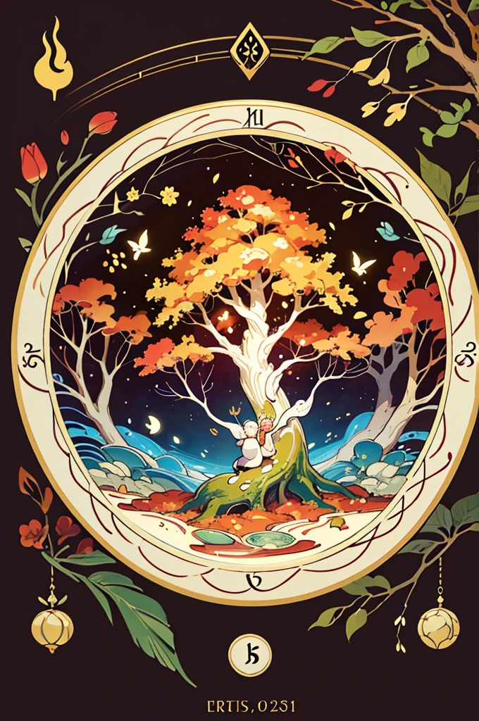 circular tree,four seasons,spring,summer,autumn,winter,leaves,roots,branches,trunk,ornate border,decorative,digital illustration,artwork,movement,time,swirling background,dark background,vibrant colors,natural,life cycle,growth,change,nature,life,peace,harmony,spirituality,symbolism,digital art,illustration,painting,graphic design,art,design,digital media,online art,visual art,fine art,fantasy