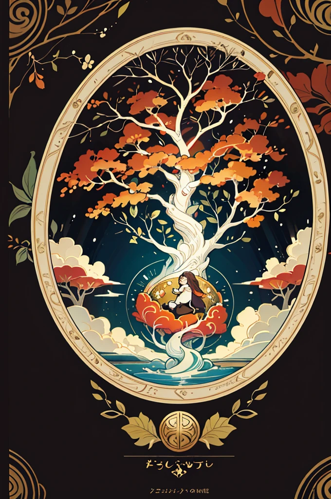 circular tree,four seasons,spring,summer,autumn,winter,leaves,roots,branches,trunk,ornate border,decorative,digital illustration,artwork,movement,time,swirling background,dark background,vibrant colors,natural,life cycle,growth,change,nature,life,peace,harmony,spirituality,symbolism,digital art,illustration,painting,graphic design,art,design,digital media,online art,visual art,fine art,fantasy