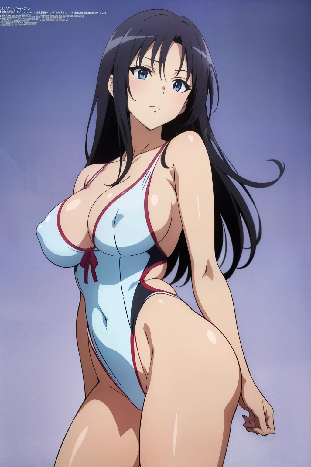 (masutepiece, Best Quality, High resolution, anime colours, megami magazine:1.2, anime poster style, anime keyvisual, sharp, 8k, photorealistic), (beautiful eyes:1.5, beautiful face), Kotegawa Yui, 1girl, solo, Cute, (Long Black Hair), (sagging large breasts), (white onepiece swimsuit), cleavage, (arm behind back, cowboy shot), (Perfect detailed Anatomy, beautiful detailed hair, perfect detailed body:1.2, shiny skin), (thick outline, Beautiful outlines, black outlines), simple background,