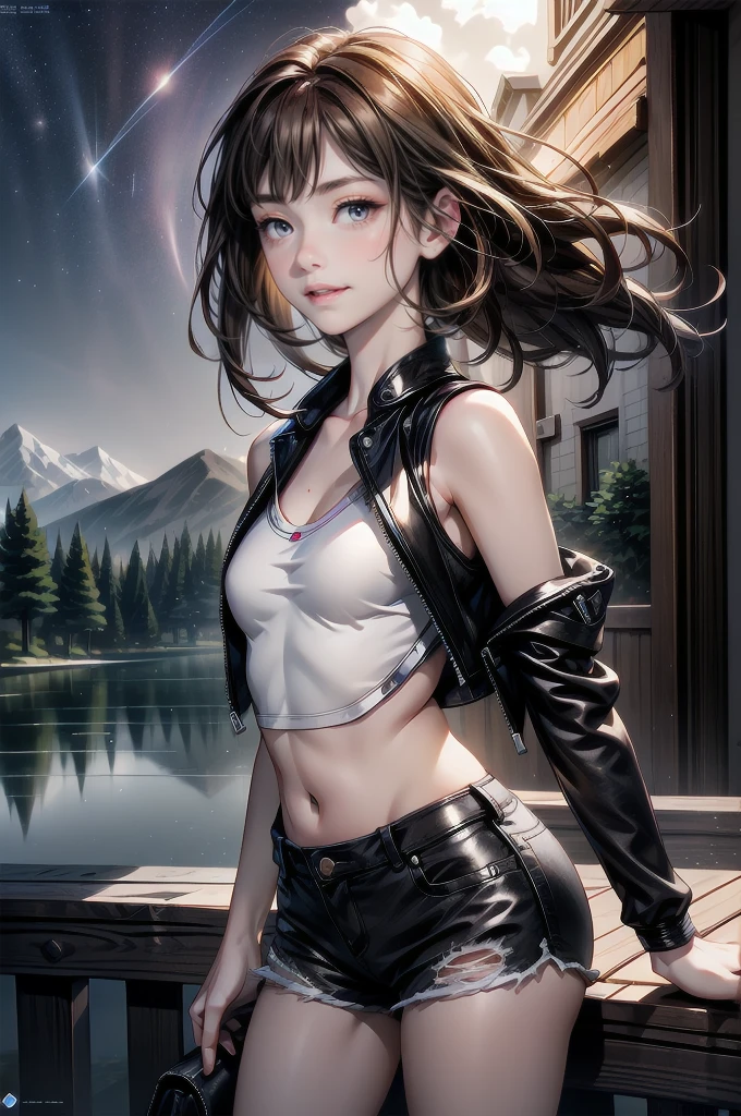(cowboy shot), (Perfect Anatomy, top-quality、The ultra -The high-definition、high resolution、extremely details CG、8K Unit Wallpapers), mature 26-year-old, solo, Beautiful detailed eyes, black hair, short bob hair, blunt bang, (small breasts, slender body, athletic), gleaming skin, oily skin,( punk fashion, leather jacket, tank top、micro shorts), (drive a motorcycle,Harley-Davidson), on road at night, Starry Sky with Mountains and Lake, Jessica Rossier, Inspired by Jessica Rossier, Jessica Rossier Fantasy Art, Concept Art Magic Highlights, Official Artwork, Dream Painting, Ethereal Realm, Atmospheric artwork, dreamy matte paintings, serene endless stars inspired by Ted Nasmith, moonlit starry environments, epic music album covers.