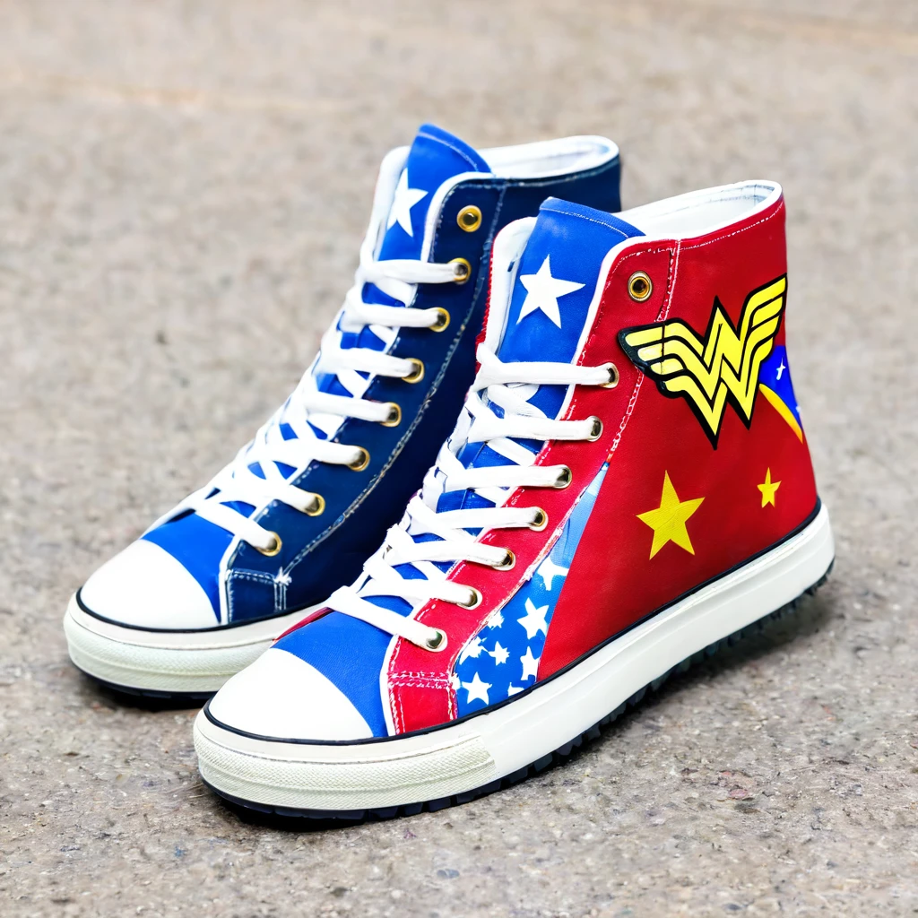 a pair of women dancer's trainers. custom high top trainers. featuring a wonder woman design theme. chunky sole. stars and stripes on the underside