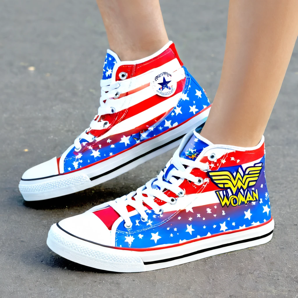 a pair of women dancer's trainers. custom high top trainers. featuring a wonder woman design theme. chunky sole. stars and stripes on the underside