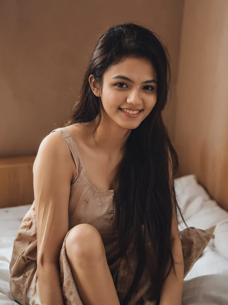 beautiful Indian, very young  girl, 16 year nude, showing her beautiful naked body,lean facecut, black extra long hair, sexy gaze,light bronze skin dark strokes, exact looks like , light bronze skin, smirking deviously, long eyelashes, deep dimples on cheeks, cute smile, innocent face, blushing , atmospheric perspective, Renaissance, 8k, super detail, accurate, best quality, high details, high quality, best quality, blushing expression, biting lips, wearing nothing, undressed, fully naked, puffy round nipples, shaved vagins, medium , ultra-wide shot, lying down straight, legs spread, intimately on her royal bed touching herself, in Royal looking bedroom, beautifully styled hair, spreading her legs
