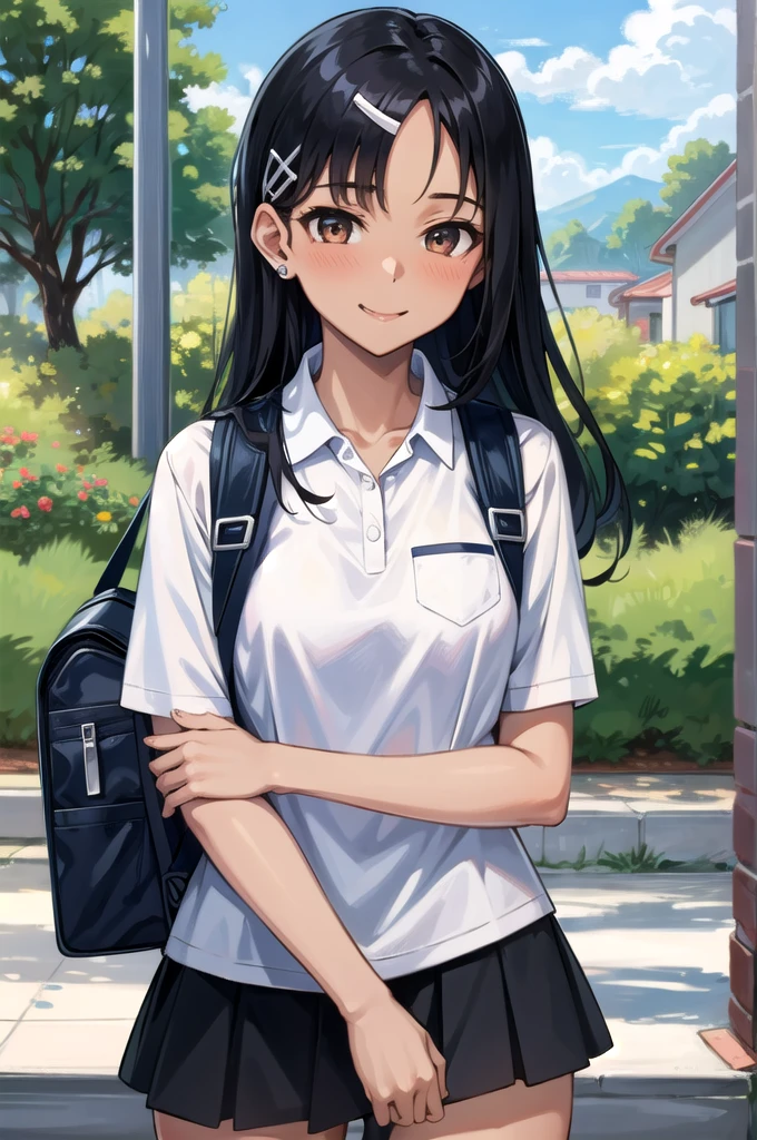 ((best quality)), ((masterpiece)), (detailed), 1girl, sexy((best quality)), ((masterpiece)), (detailed), 1girl, sexly((Highest quality)), ((masterpiece)), (detailed), One girl, セクシーexpensive body, expensive, Long legs, mature female, mature, Adult, It is_Nagatoro_main, nagatoro hayase, One girl, blush, alone, White polo shirt、 Black Hair, bag, Brown eyes, hair ornaments, View your viewers, Hair Clip, Outdoor, Backpack, smile, Long Hair, White shirt, Dark skinned women, Dark Skin, , bangs, Day, skirt, Collared shirt, clavicle, Ear Clip, Rolled up my sleeves, Mouth closed, wood, asymmetrical bangs, Upper Body