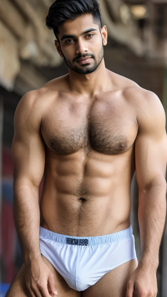 A base model of a handsome indian man , looking at the camera, sad expression, , t shirt, abbs , messy hair , detailed eyes, detailed face, detailed background, masterpiece , head to thighs on focus , speedo underwear