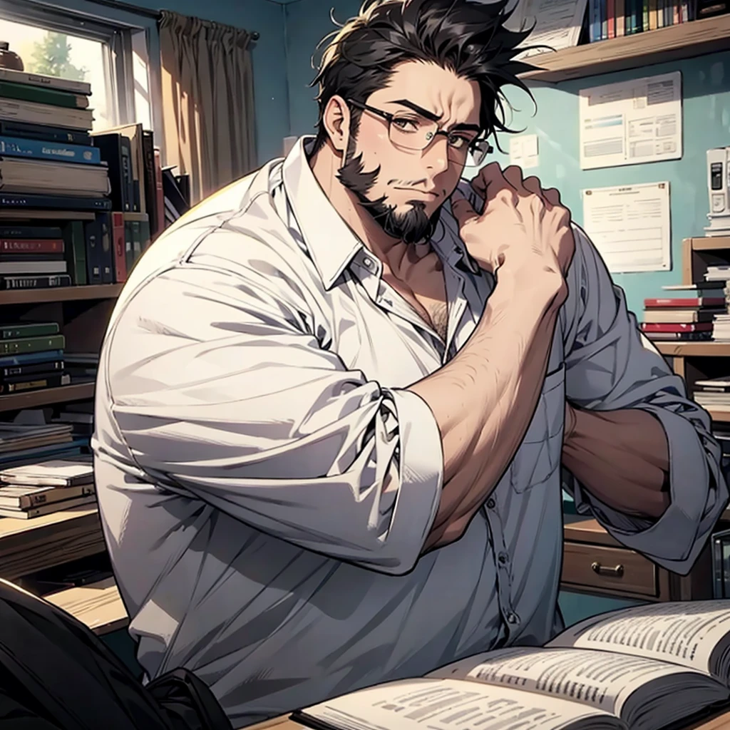  1 male, fat, tall, facial hair, glasses, depressed, messy room, black hair, big soft arms, nerd, ugly
