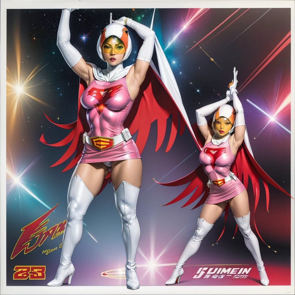 ANI_CLASSIC_jun_gatchaman_ownwaifu,1girl, ,good anatomy, masterpiece, best quality,realistic, hyperrealistic, 16k hdr,breasts,green eyes,lips,large breasts,lipstick,makeup,gloves,cape,helmet,belt,elbow gloves,white gloves,mask,ultra miniskirt,leotard,spacesuit,white tight overknee highheels boots,pink dress,superhero,bodysuit,cleavage,erected nipples,((standing pose,spread legs, arms up straight)),cameltoe