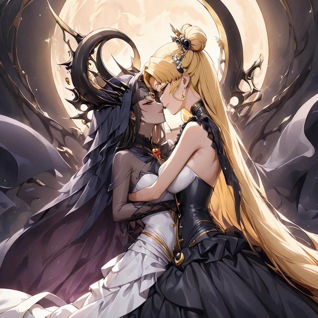 ((Highest quality)), ((masterpiece)), (detailed), （Perfect Face）、The woman is a dark queen with a black inverted crescent moon mark on her forehead, wearing a gorgeous, glittering black Gothic Victorian dress, a black veil, and a black see-through cape, as well as luxurious jeweled accessories.、The man is a powerful demon king、Men and women in love、The woman is Black Serenity, the noble dark queen of the Black Moon clan and has blonde hair.２The woman with long hair tied up is Princess Serenity、The woman embraces the strong and evil demon king, kisses him, and gets married in the Black Moon Temple.、The woman is a dark queen with a black inverted crescent moon mark on her forehead, wearing a gorgeous, glittering black Gothic Victorian dress, a black veil, and a black see-through cape, as well as luxurious jeweled accessories.で幸せそうな表情の漆黒のプリンセスセレニティで恋する乙女の表情、A woman and a strong, evil demon king man are embracing the dark bride woman, kissing her vows and getting married.、The man is a strong and evil demon king, who embraces the woman, kisses her vows, and holds a wedding ceremony in the Temple of the Black Moon.、Men and women in love