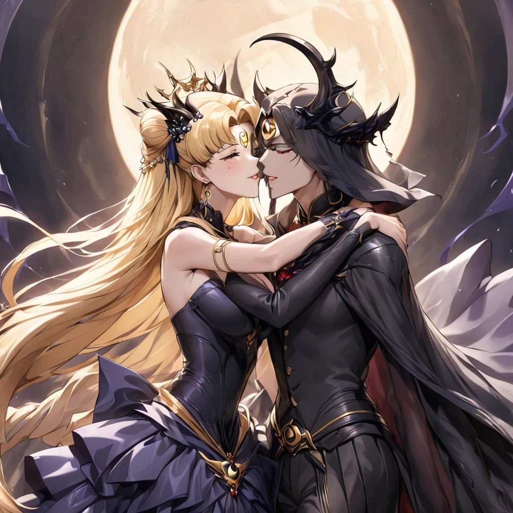 ((Highest quality)), ((masterpiece)), (detailed), (Perfect Face)、The woman is a dark queen with a black inverted crescent moon mark on her forehead, wearing a gorgeous, glittering black Gothic Victorian dress, a black veil, and a black see-through cape, as well as luxurious jeweled accessories.、The man is a powerful demon king、Men and women in love、The woman is Black Serenity, the noble dark queen of the Black Moon clan and has blonde hair.2The woman with long hair tied up is Princess Serenity、The woman embraces the strong and evil demon king, kisses him, and gets married in the Black Moon Temple.、The woman is a dark queen with a black inverted crescent moon mark on her forehead, wearing a gorgeous, glittering black Gothic Victorian dress, a black veil, and a black see-through cape, as well as luxurious jeweled accessories.で幸せそうな表情の漆黒のプリンセスセレニティで恋する乙女の表情、A woman and a strong, evil demon king man are embracing the dark bride woman, kissing her vows and getting married.、The man is a strong and evil demon king, who embraces the woman, kisses her vows, and holds a wedding ceremony in the Temple of the Black Moon.、Men and women in love