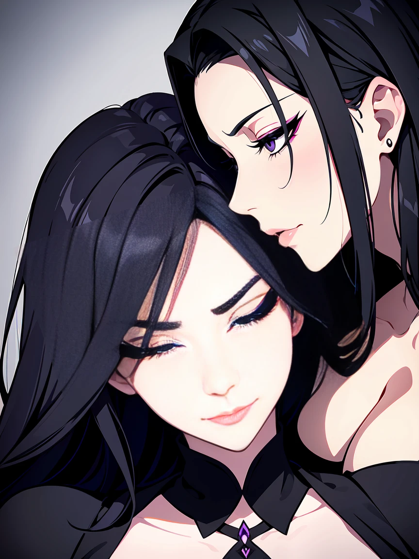 Beautiful evil MILF widow evil sniggers with Beautiful black eyes downcast, Double eyelids, upper eyelids, long and fine eyelashes, Downcast eyes, Half-closed eyes, Beautiful detailed eyes, looking down