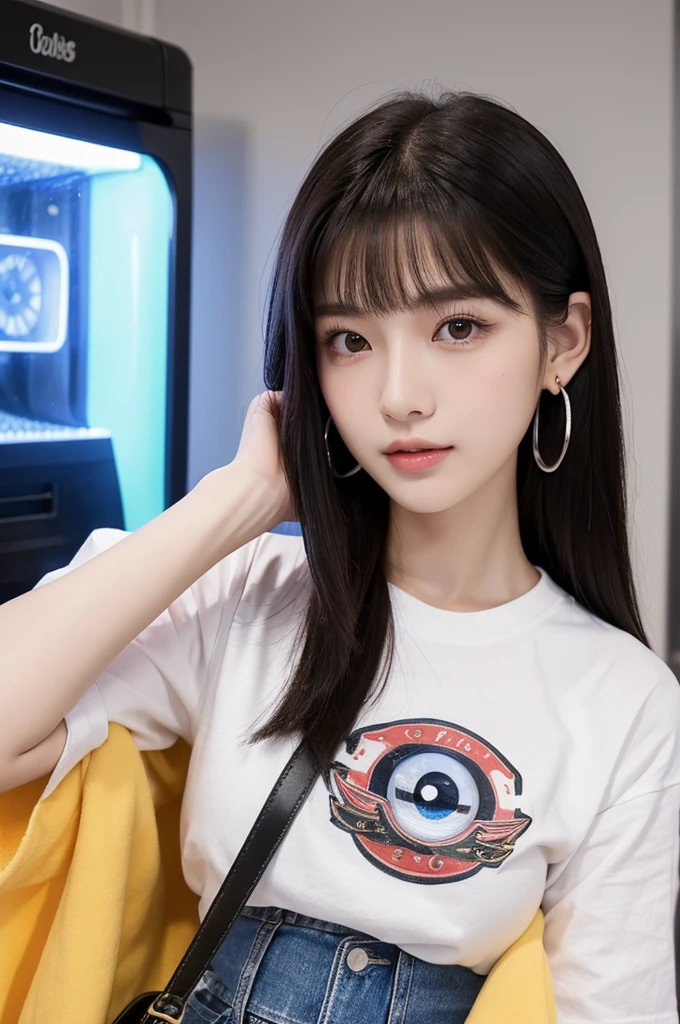 Game center, professional gamer, ((full body)), ((photo)), ((best qualtiy, 8K, tmasterpiece: 1.3)), Focus: 1.2, perfect figure beautiful girl: 1.4, 1girl, cowboy shot, look at viewer, eyes facing the camera, incredibly absurd, beautiful and cute girl with a photorealistic face, showcasing top-quality craftsmanship, A Japanese girl playing games at an arcade, , with a bob cut, silky black hair, bangs cut at an angle to reveal her right eye, large eyes, a soft smile, tanned skin, thin and well-formed eyebrows, straight nose with a rounded tip, thin lips but a healthy, natural pink colour, small ears with pierced ears, a slender neck with a sharp jawline, a small face with well-formed facial features, fair, fine, translucent skin, long eyelashes that make the eye makeup stand out, eyes that are powerful but also kind, Well-aligned, white teeth, healthy, shiny skin and hair, friendly expression, , slender, well-balanced proportions, good posture, beautiful C-cup breasts, white character T-shirt, blue denim jacket, yellow shorts, white sneakers, silver earrings, tote bag with game character illustration printed on it, beautiful girl, moe, devilish type, sociable and easy to talk to, values teamwork, curious and adventurous, has a sense of humor, July