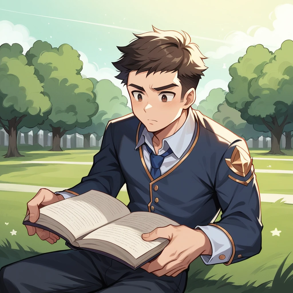 Draw a young man who ate a seed and has branches growing out of his ears, sitting on a park. He is studying with a notebook. Dramatic lighting from distant stars and planets illuminates the scene, casting deep shadows on the suit. The young man looks confident and determined, looking at the vast and mysterious universe with wonder and respect,facial hair, cowboy shot,