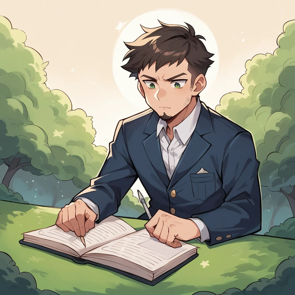 Draw a young man who ate a seed and has branches growing out of his ears, sitting on a park. He is studying with a notebook. Dramatic lighting from distant stars and planets illuminates the scene, casting deep shadows on the suit. The young man looks confident and determined, looking at the vast and mysterious universe with wonder and respect,facial hair, cowboy shot,