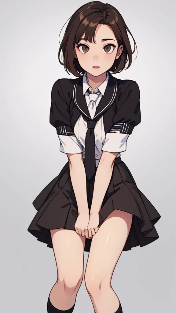(((masterpiece, best quality, ultra highres, 1 girl, solo, no background))), super detailed skin and face and eyes and finger, beautiful japanese woman, small breasts:1.5, skinny, light brown hair, white background, very short pixie hair, (an illustration of girl), Knee shot, Generate with illustrations, Various expressions, Various poses,  outline, anime, Panty shot, Spread legs, Skirt, , White panties, Socks, Shirt, Knee-high, White shirt, Loafers, Realistic, Long hair, Lips, Brown eyes, Black socks, Tie, Pleated skirt, Brown footwear,