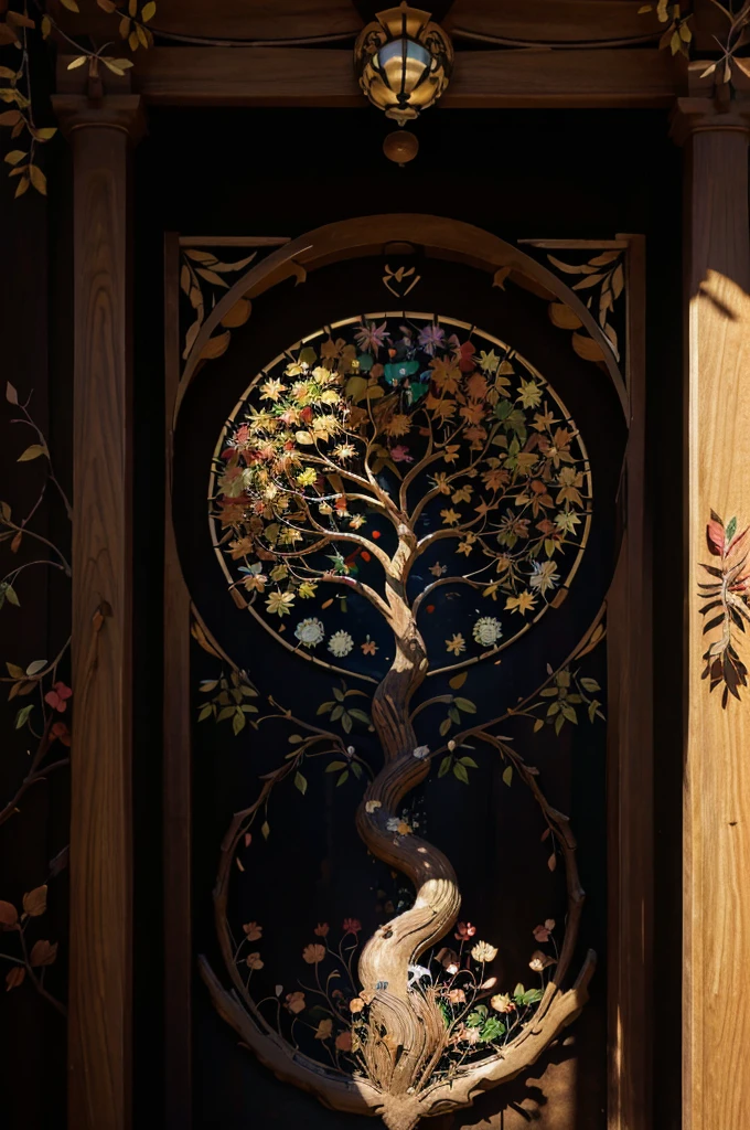 circular tree,four seasons,spring,summer,autumn,winter,leaves,roots,branches,trunk,ornate border,decorative,digital illustration,artwork,movement,time,swirling background,dark background,vibrant colors,natural,life cycle,growth,change,nature,life,peace,harmony,spirituality,symbolism,digital art,illustration,painting,graphic design,art,design,digital media,online art,visual art,fine art,fantasy