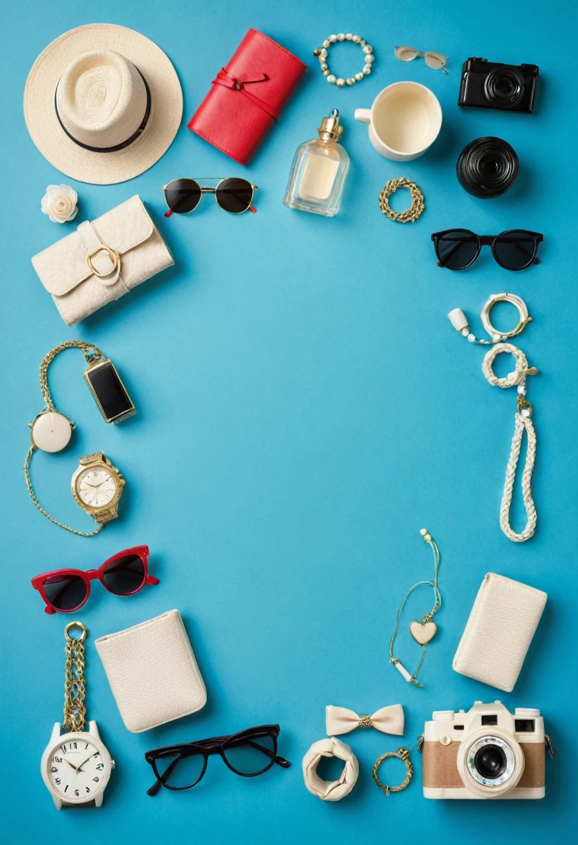 travel accessories on blue background