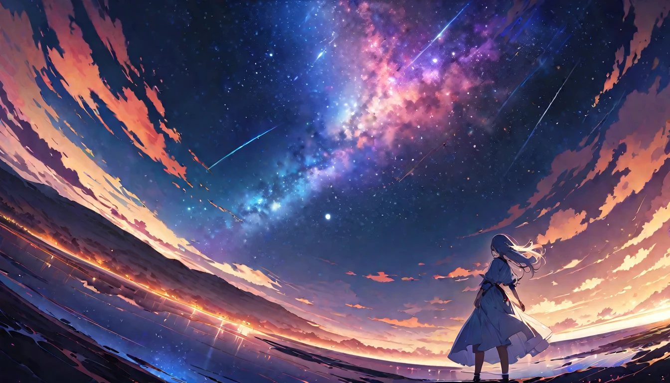 Official Art, Integrated 8K wallpapers, Very detailed, masterpiece, Best image quality,Ultra Wide Angle,night,woman,Standing by the salt lake,Water is like a mirror,Reflecting the sky,Looking up at the sky,The Milky Way is in the sky,Dynamic Angle, Grace, Bright colors