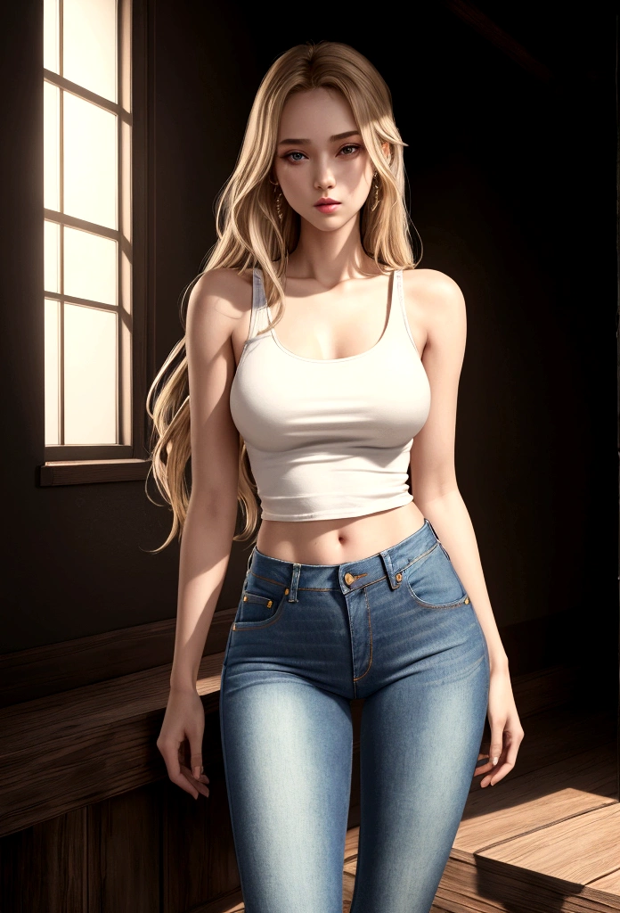 masterpiece, best quality, (extremely detailed CG unity 8k wallpaper), (best quality), (best illustration), (best shadow), absurdres, realistic lighting, (Abyss), beautiful detailed glow, full body shot, age girl, body, skinny, loose very low waist jeans, tank top, seductive pose, smooth skin, cute face, model, very long hair, blond, cute tank top, loose jeans, low waist jeans, seductive