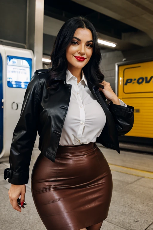 An ultra-realistic and detailed scene of a 35-year-old mature woman with a beautiful face, skin fair, dark brown eyes and abundant black hair, wearing red lipstick, with abundant and huge hips, very large buttocks, inflated and rounded, stop at a subway station. She is wearing a high-waisted pencil skirt, very tight, in black trench coat, with a white long-sleeved blouse, smooth and translucent, very tight and low-cut. The image is in three quarters, with the woman smiling cutely and looking to the side, carrying a large brown leather bag, wearing pantyhose and red platform shoes. The scene is captured in first person with focus on f/100, perfect lighting, ultra high definition.