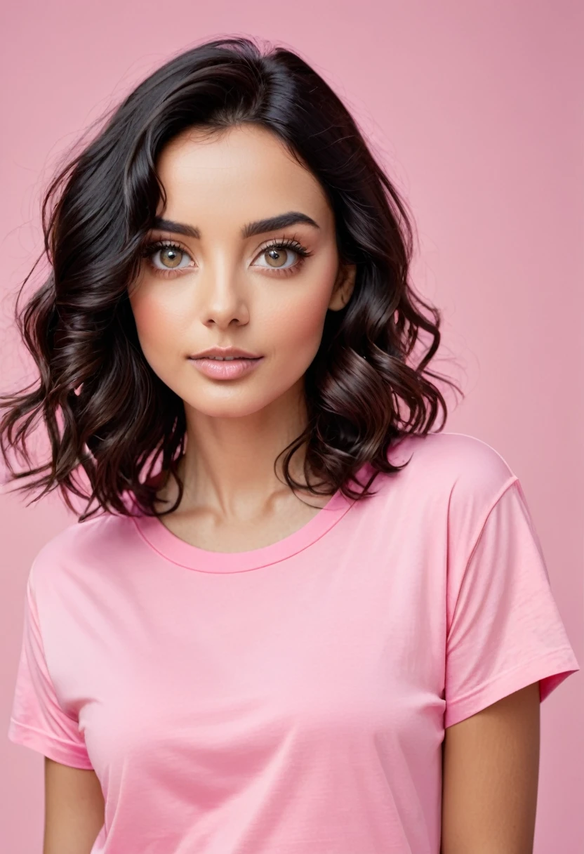 Woman shoulder length wavy black hair , eyes browns, brunette skin , wearing a pink t-shirt