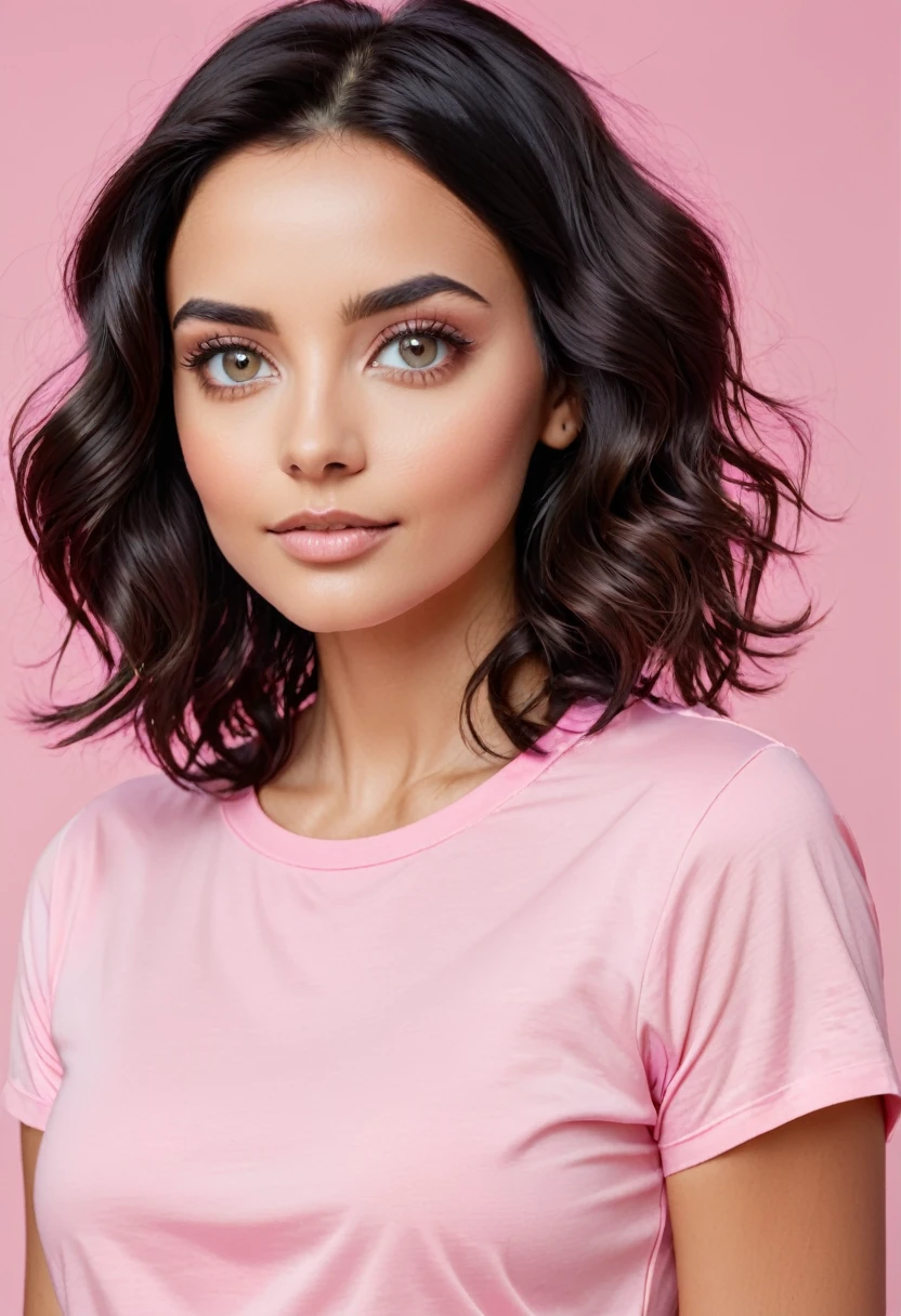 Woman shoulder length wavy black hair , eyes browns, brunette skin , wearing a pink t-shirt