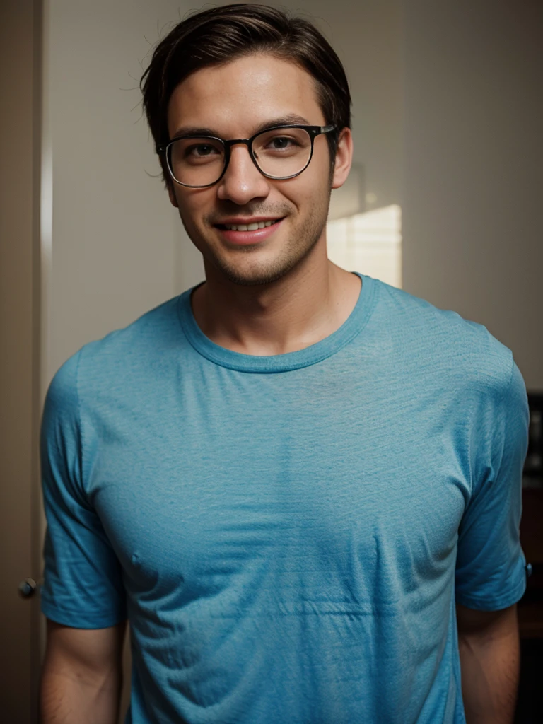 Ultra realistic photo of man, Nerd with glasses. ssmile