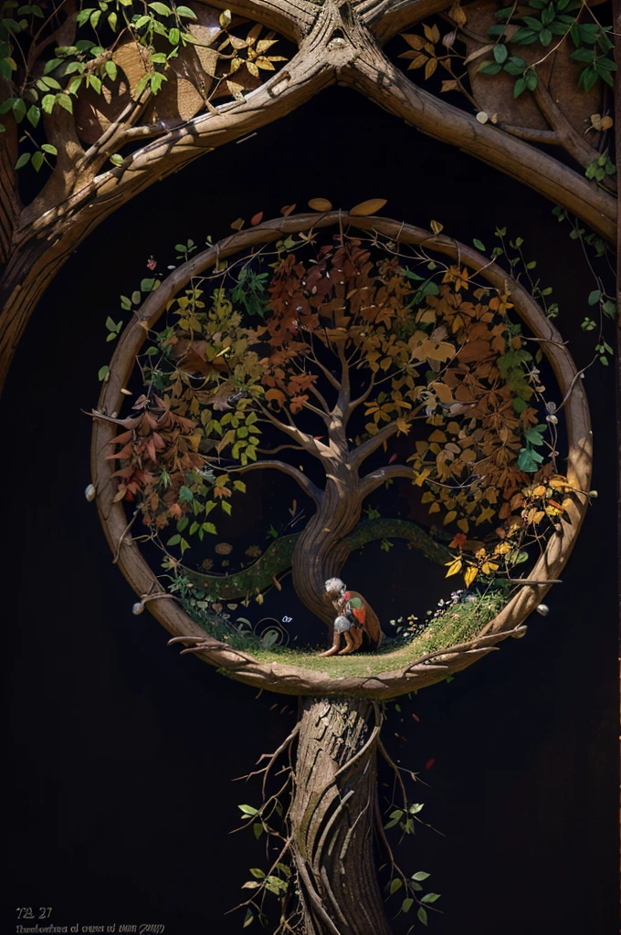 circular tree,four seasons,spring,summer,autumn,winter,leaves,roots,branches,trunk,ornate border,decorative,digital illustration,artwork,movement,time,swirling background,dark background,vibrant colors,natural,life cycle,growth,change,nature,life,peace,harmony,spirituality,symbolism,digital art,illustration,painting,graphic design,art,design,digital media,online art,visual art,fine art,fantasy