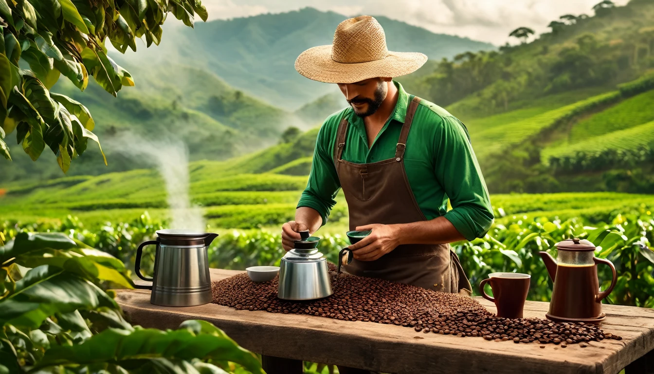 Create an image for a coffee advertising campaign with the following scenario: A green field with coffee plantations. In the center of the image, a robust and determined man, wearing practical work clothes (jeans, long-sleeved shirt and straw hat), harvests coffee beans with an air of pride and satisfaction. Next to him is a rustic table with a steaming cup of coffee, an antique coffee maker. Many colors in the scenery, highlighting the beauty of the countryside and the man's dedication to his work.