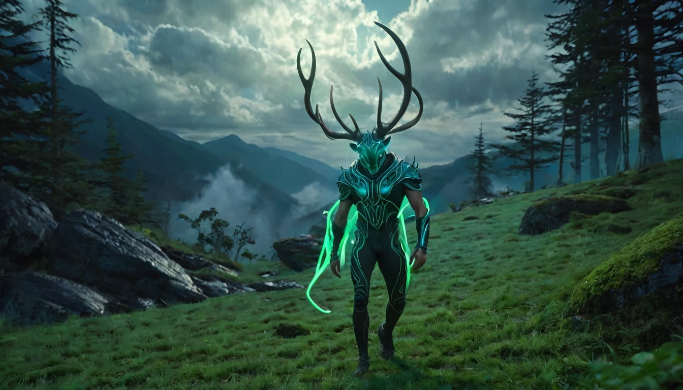 Alien servant, with large antlers, bioluminescent, walking on a mountain, the ground covered with green grass, beautiful forests in the background, ethereal atmosphere, cinematic lighting, photorealistic, (best quality, 8k, high resolution, masterpiece: 1.2), ultra detailed, realistic, photorealistic: 1.37, dramatic lighting, moody, fantasy, concept art