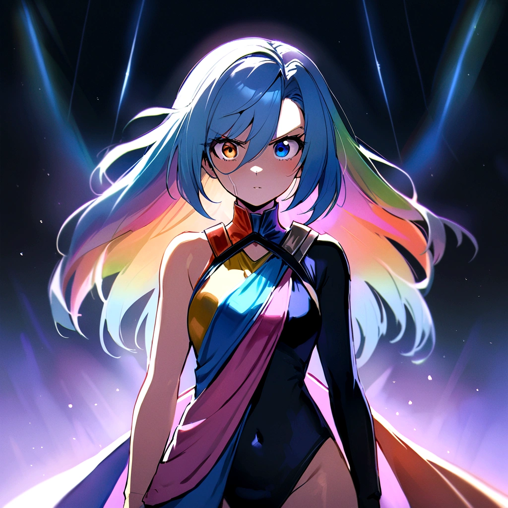 make me a female, 44 years old, blue sidecut hair, heterochromia and anisocoria eyes, she's looking stunned, cyber clothes, rainbow outfit